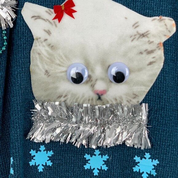 Ugly Christmas Sweater Men's size Medium Kitty Cat Googly Eyes Snowflakes Unique - Picture 2 of 6